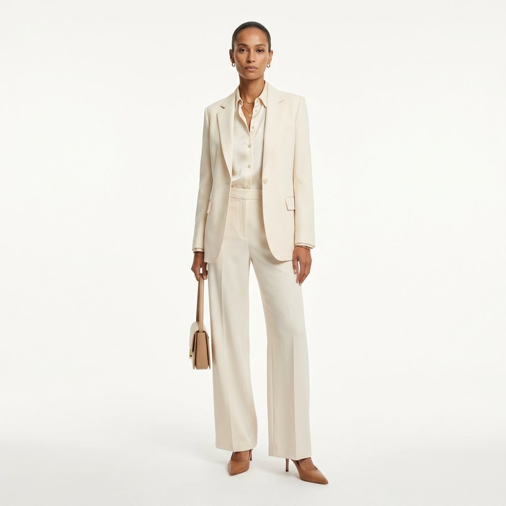 Woman in contemporary quiet luxury outfit with refined neutral color palette