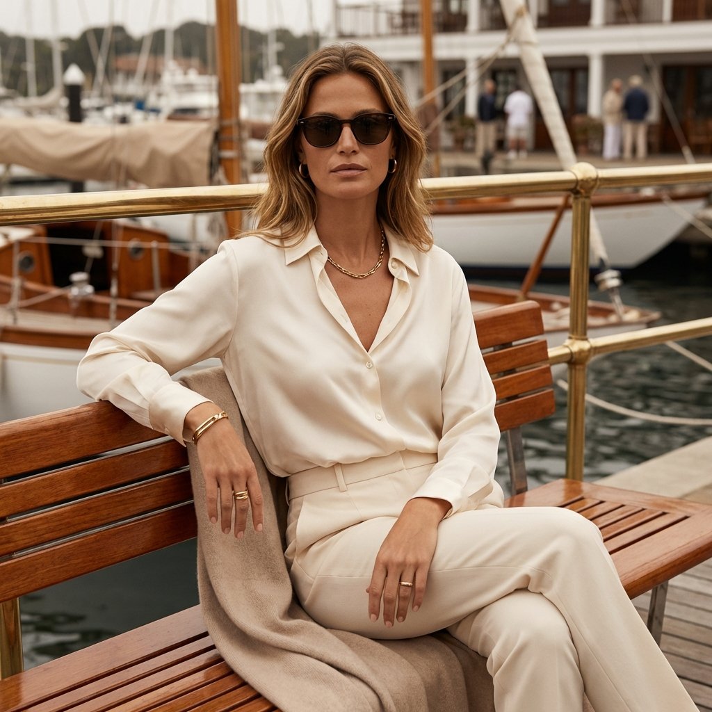 Woman styling understated quality pieces, embodying quiet luxury timeless elegance.