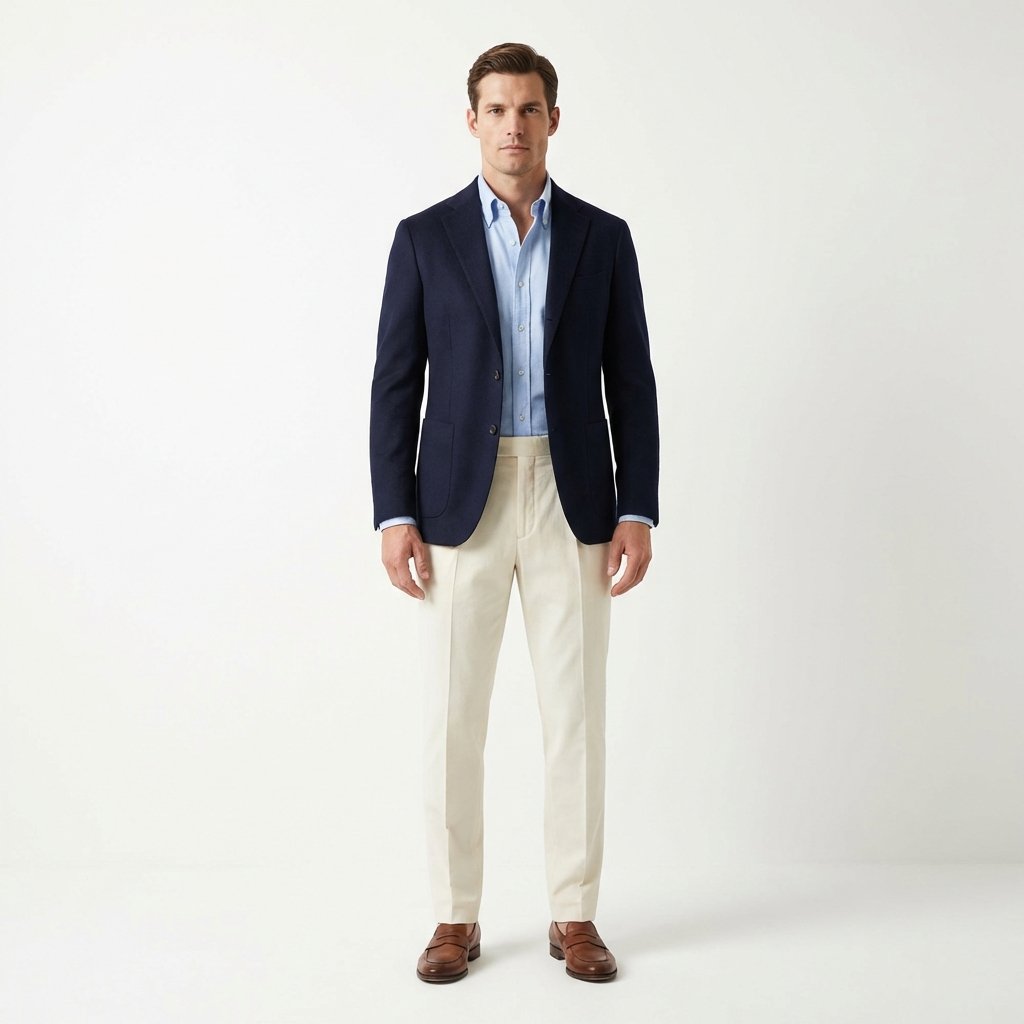 Woman in classic neutral blazer and tailored trousers, embodying quiet luxury style and timeless elegance