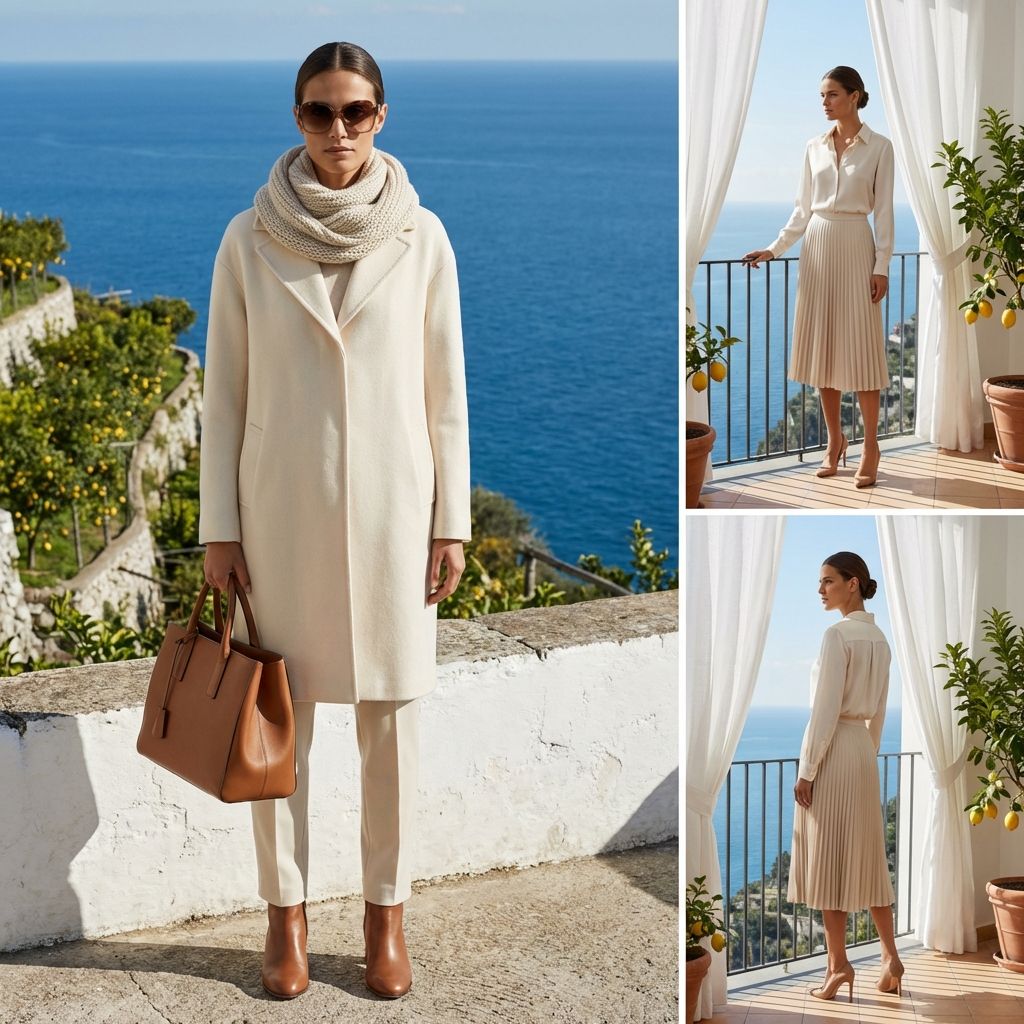 Woman in camel coat and neutral layers, embodying timeless minimalist style.