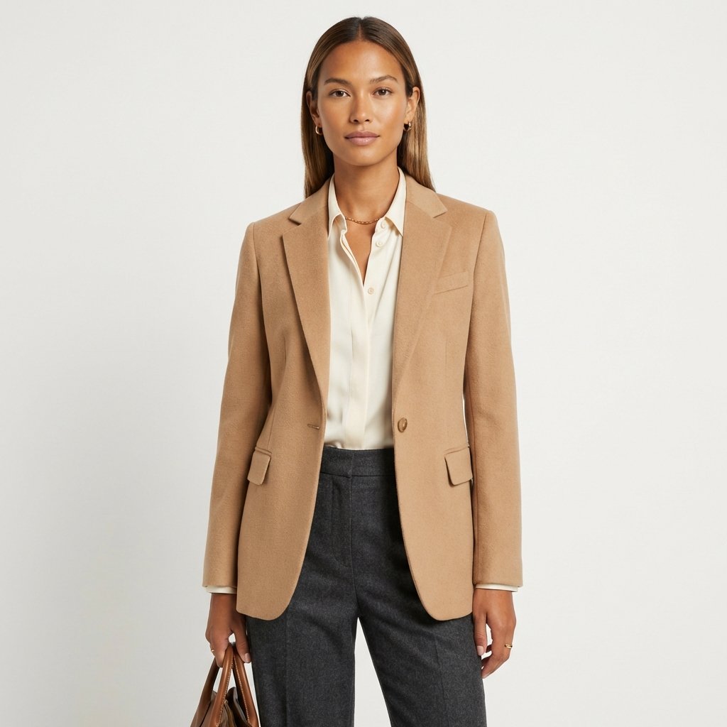 Woman wearing investment pieces—quality wool coat and elegant dress—representing timeless luxury.