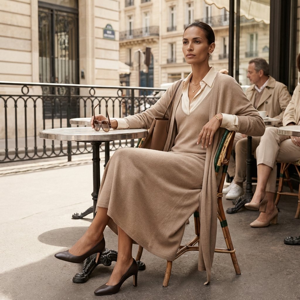 Woman showcasing complete quiet luxury capsule with timeless classic style essentials