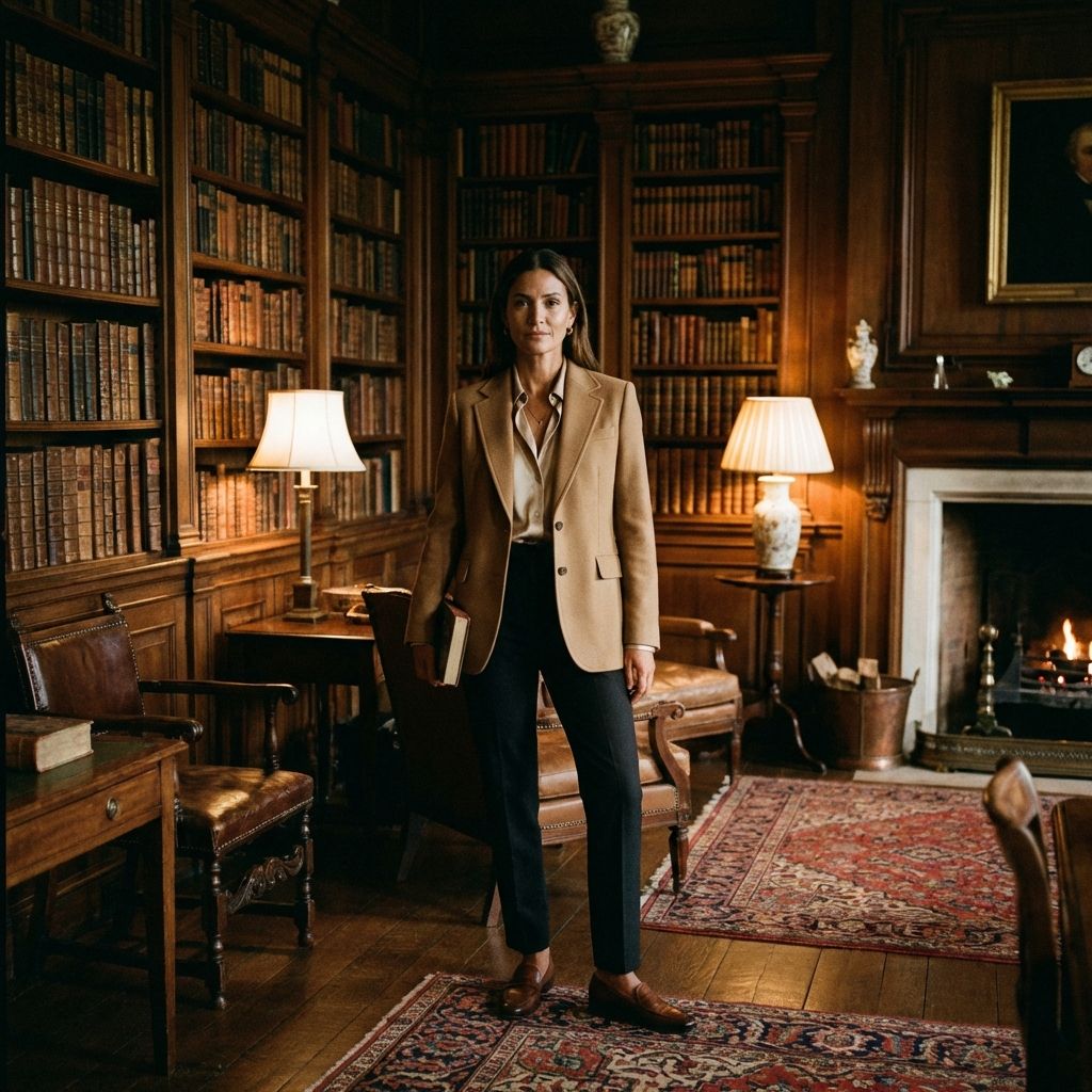 Woman combining silk camisole, tailored blazer, and classic trousers in quiet luxury aesthetic.