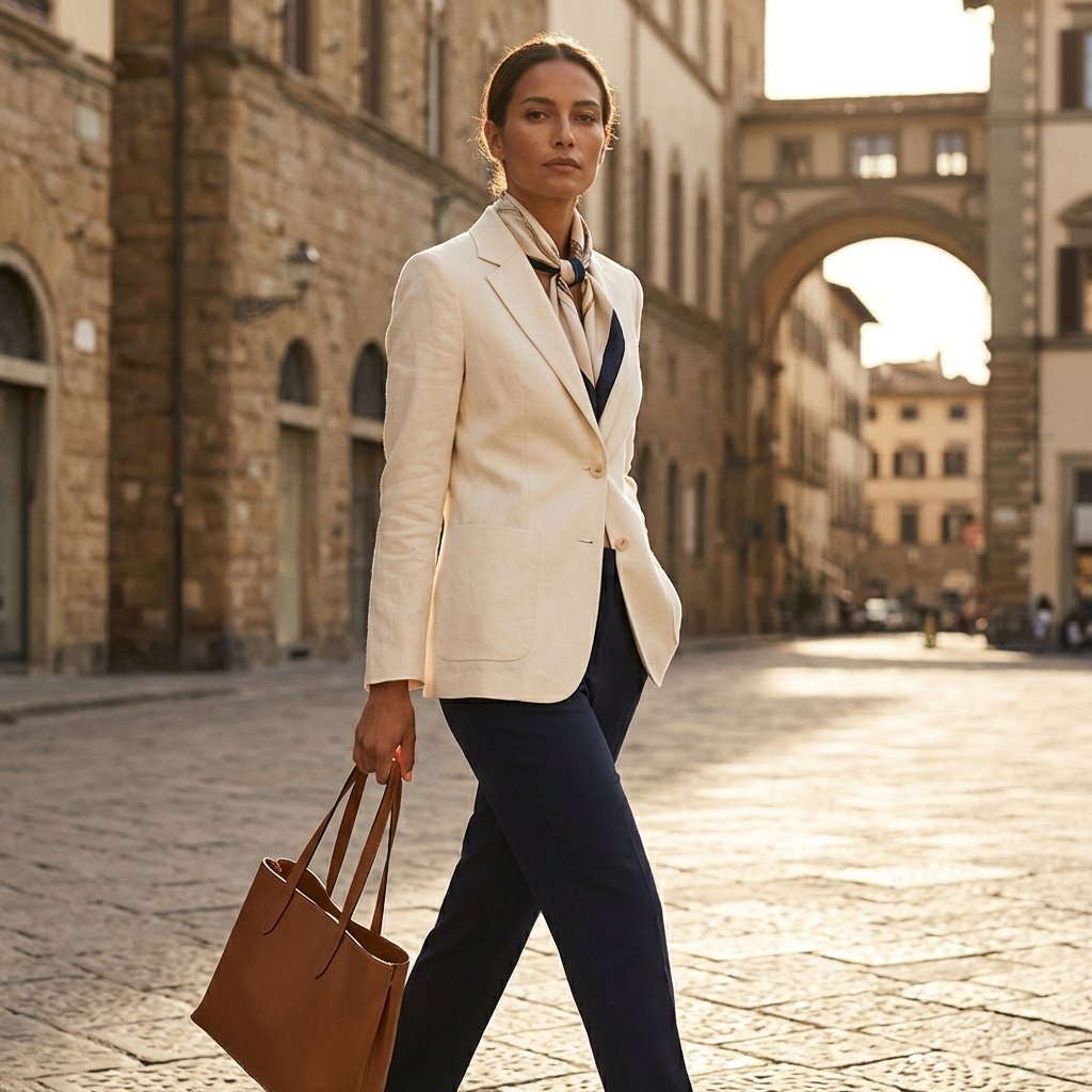 Woman in single neutral outfit with minimal accessories, airport setting, timeless elegance travel ready