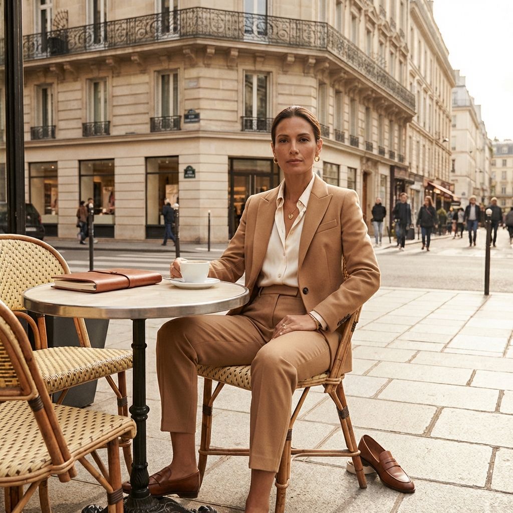 Woman styling cohesive luxury capsule wardrobe pieces in quiet luxury and timeless aesthetic