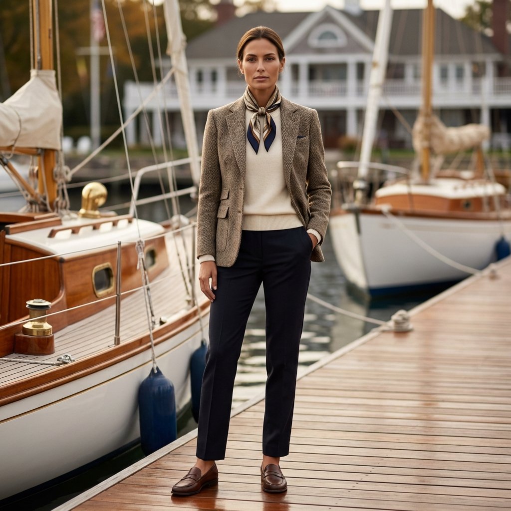 Couple in timeless camel coat and burgundy cardigan, autumn Mediterranean backdrop.