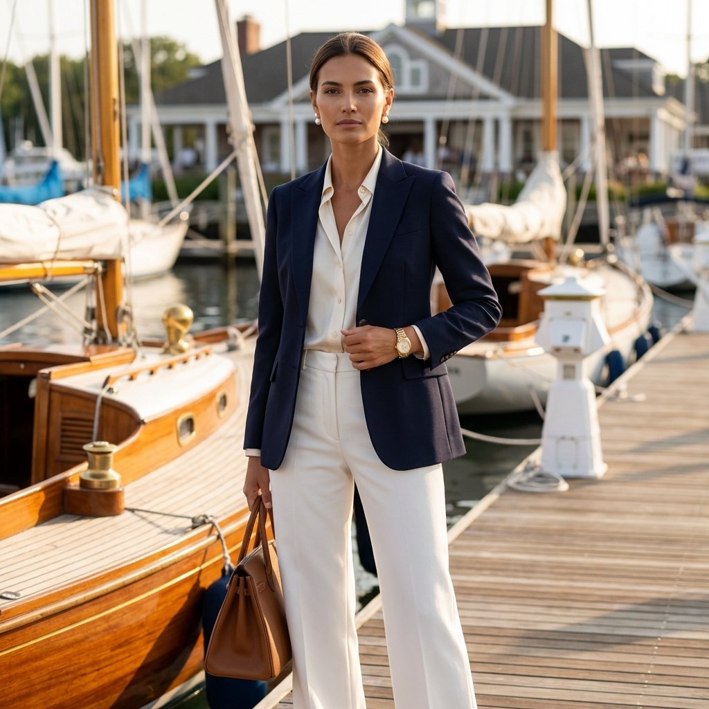 Professional woman wearing elegant luxury workwear that balances timeless style with contemporary trends