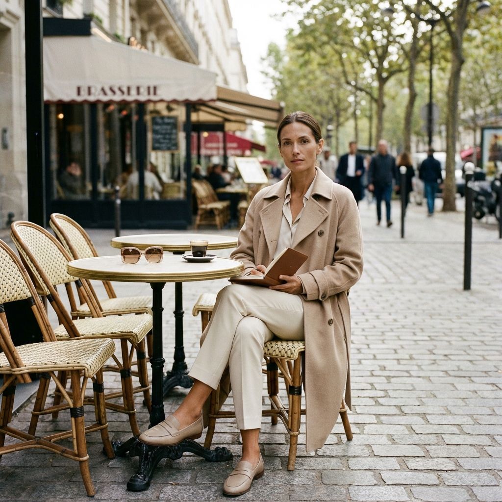Woman displaying key pieces—navy blazer, white tee, tailored trousers, leather belt.