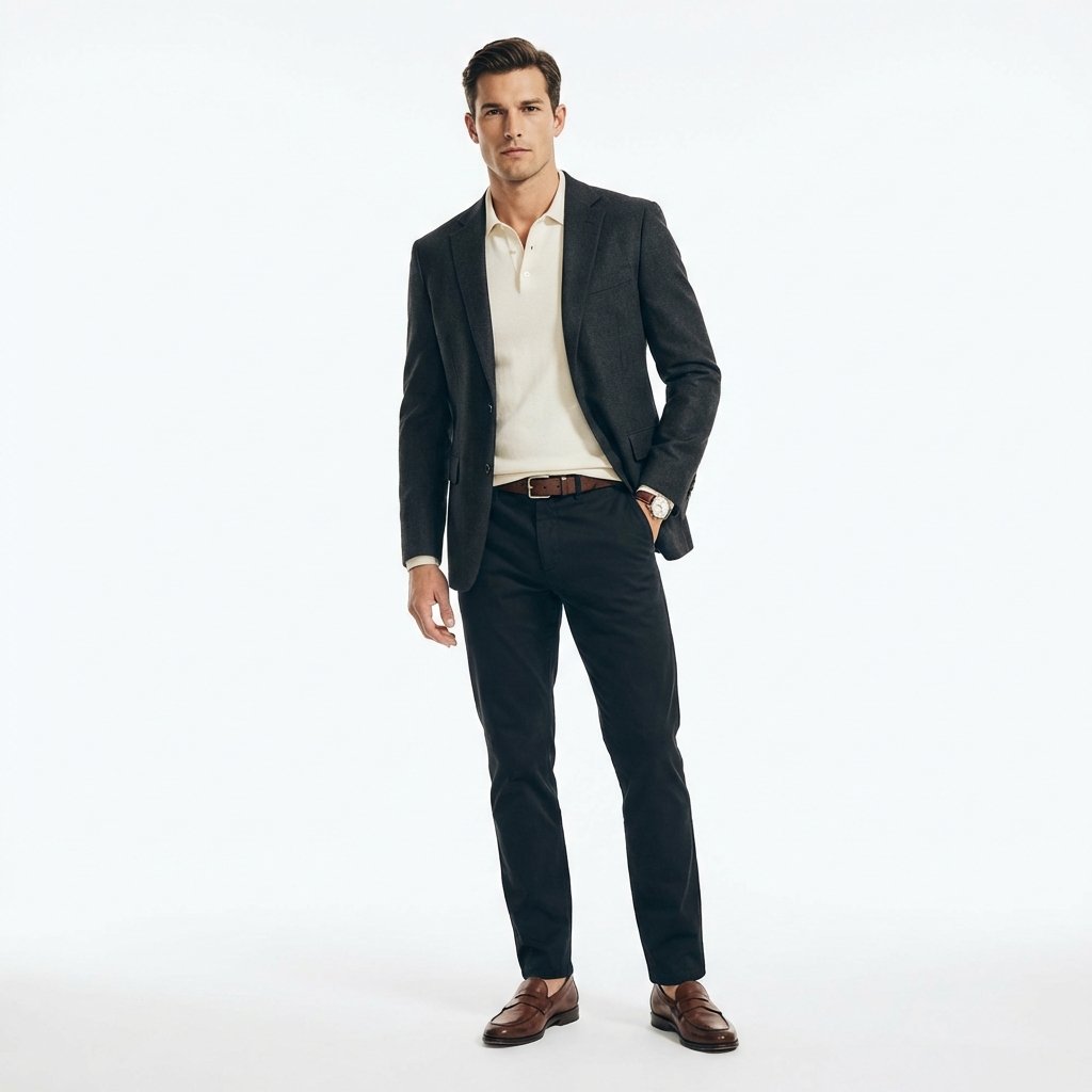 Man in tailored blazer, oxford shirt, refined old money style aesthetic