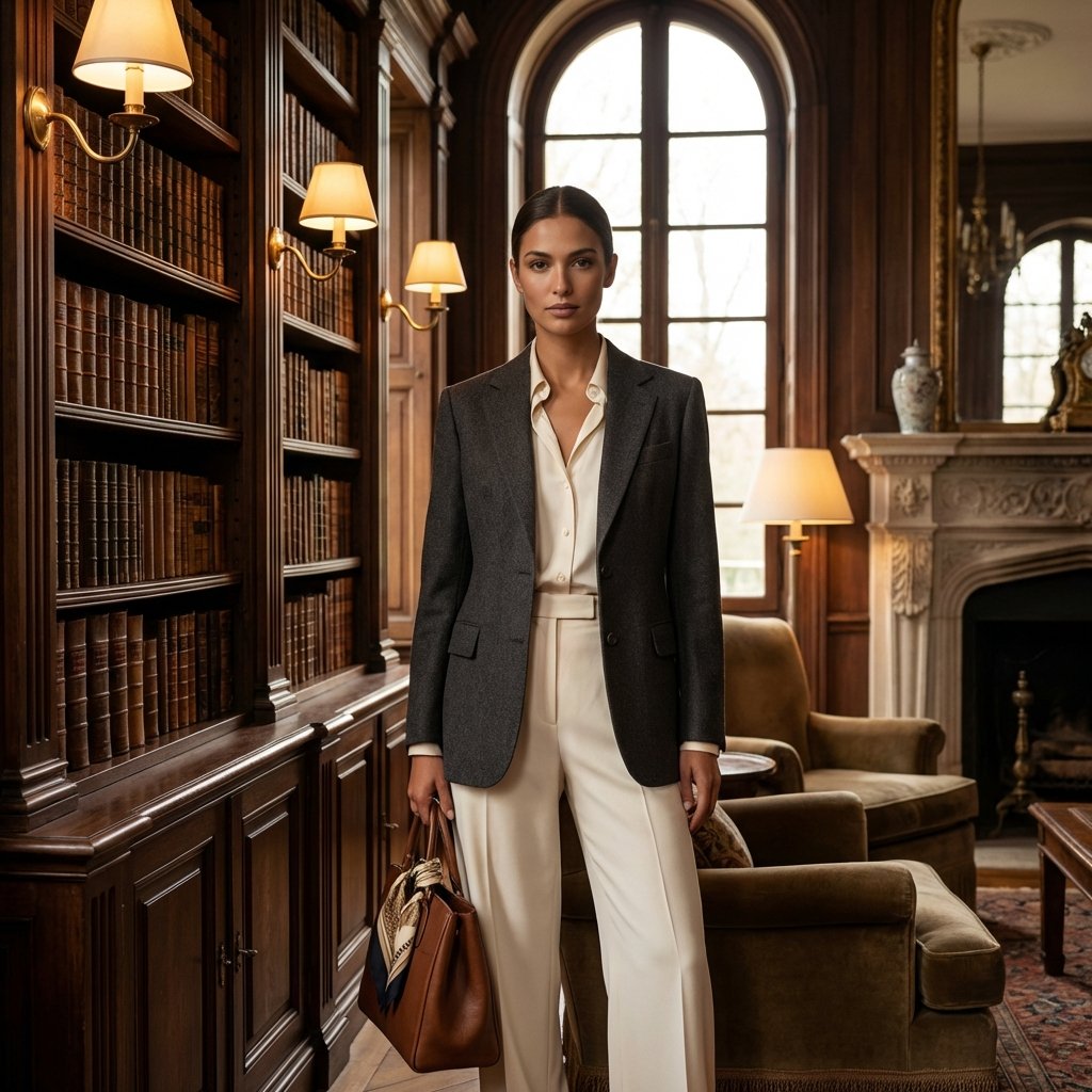 Woman wearing tailored separates and refined accessories for office quiet luxury