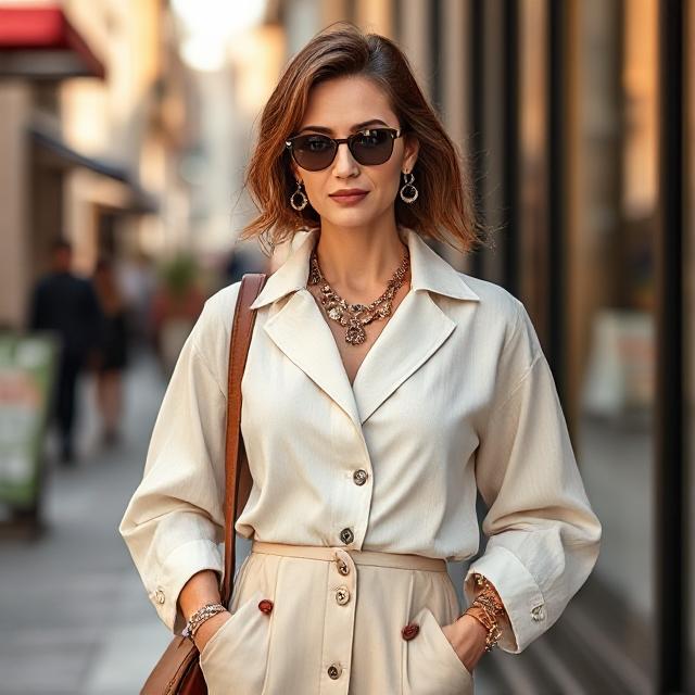 Woman in designer trench coat and silk scarf, embodying classic style and quiet luxury branding.