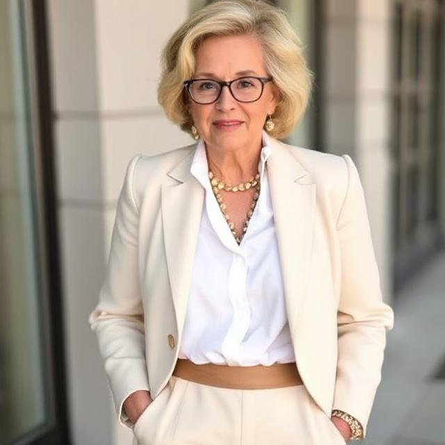 Woman in tailored blazer and neutral separates, showcasing capsule wardrobe professional old money style.