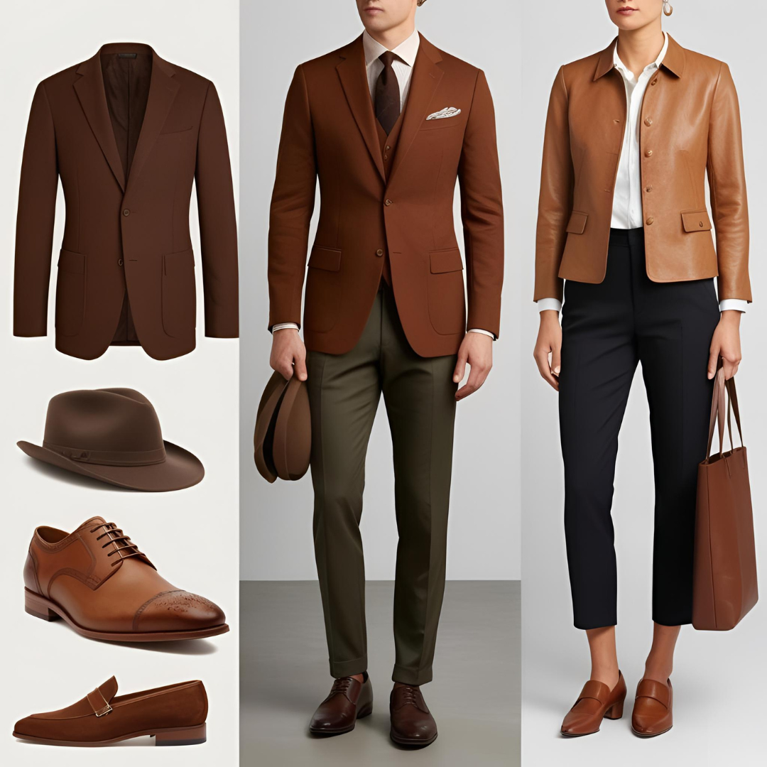 Man and woman in olive, taupe, and camel earth tones exemplifying old money aesthetic.