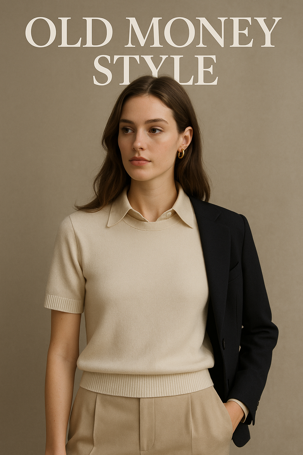 Woman wearing refined blouse in neutral tone showing classic, minimalist old money elegance.