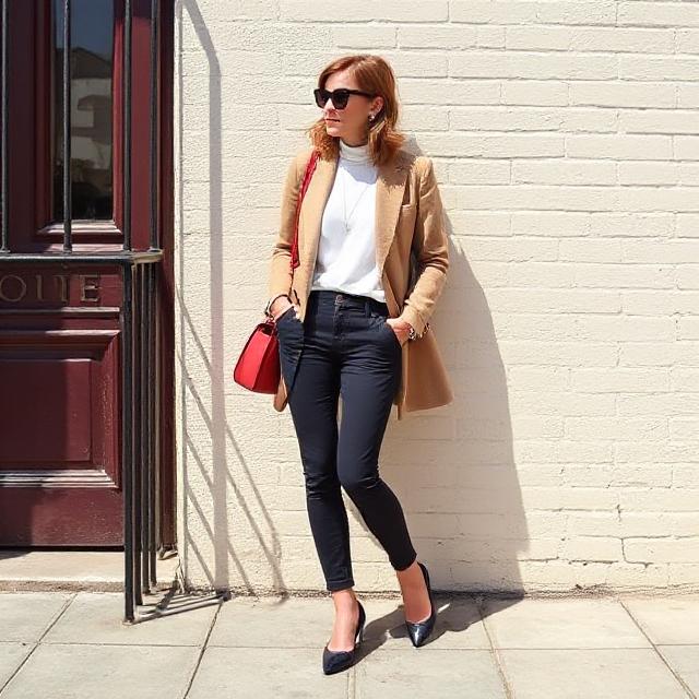 Woman in refined capsule pieces and quality accessories, demonstrating old money aesthetic confidence.