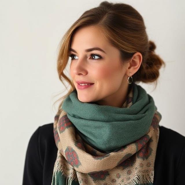 Woman wearing silk heritage scarf knotted elegantly, capturing timeless elegance and quiet luxury.