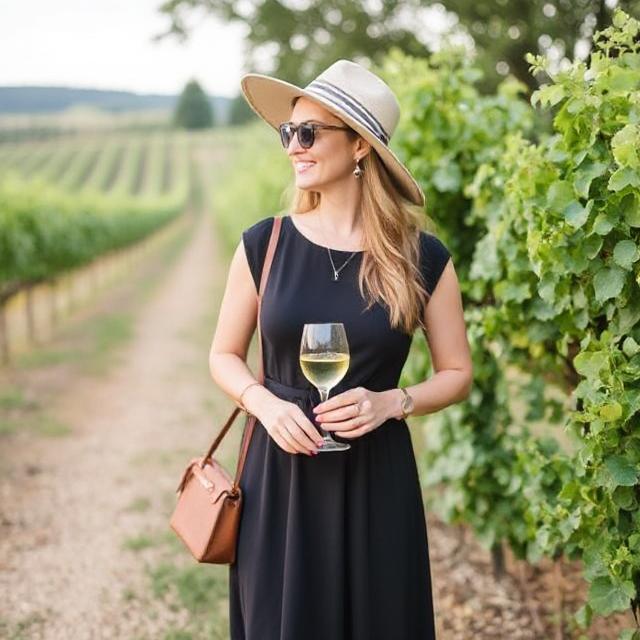 Woman in cream linen and heritage jewelry, capturing old money style in rustic vineyard setting.