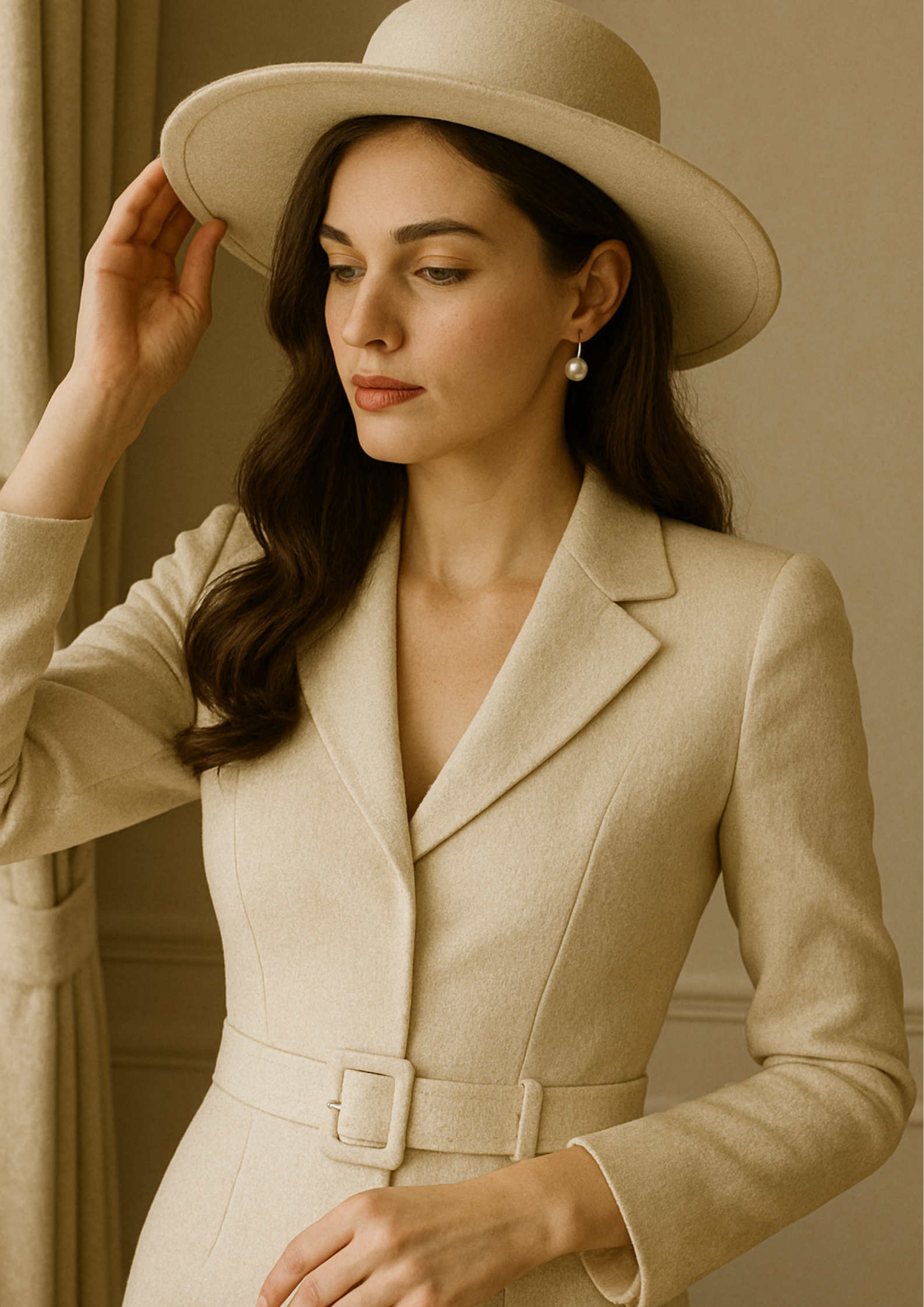 Sophisticated woman wearing understated quiet luxury pieces in neutral tones at refined setting.