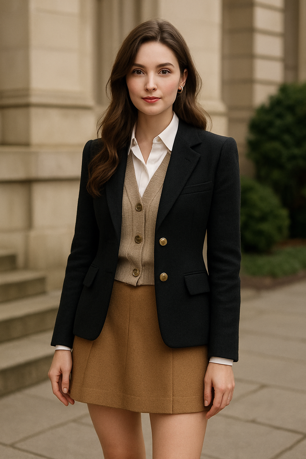 Woman demonstrating refined, mistake-free styling of classic quiet luxury pieces.