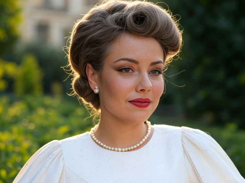 Woman with classic updo and natural makeup embodying quiet luxury and polished elegance.