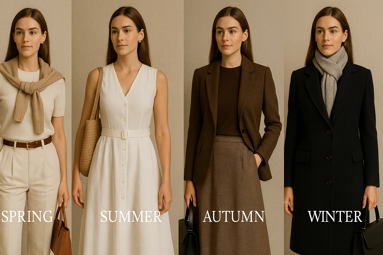 Person in seasonally appropriate classic pieces demonstrating year-round timeless elegance.