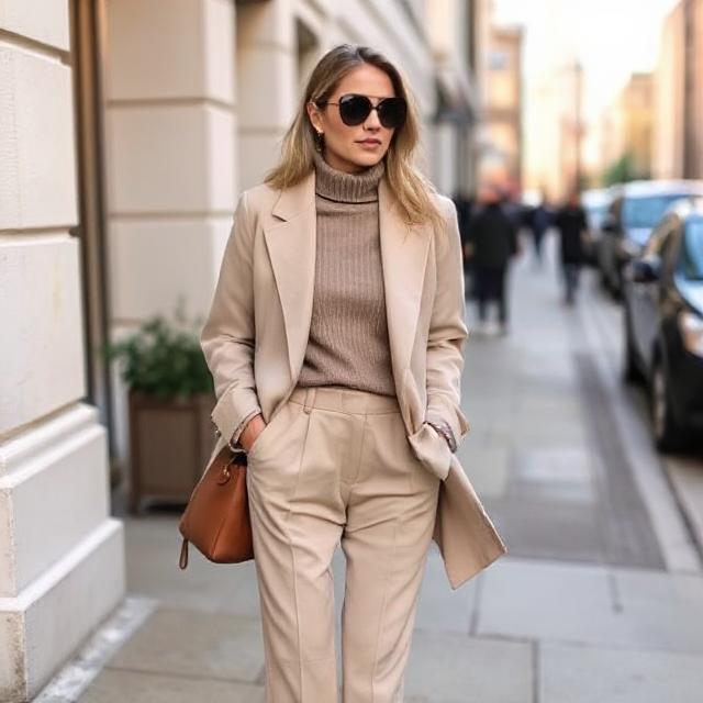 Woman in layered beige quiet luxury outfit demonstrating timeless elegance through neutral tones