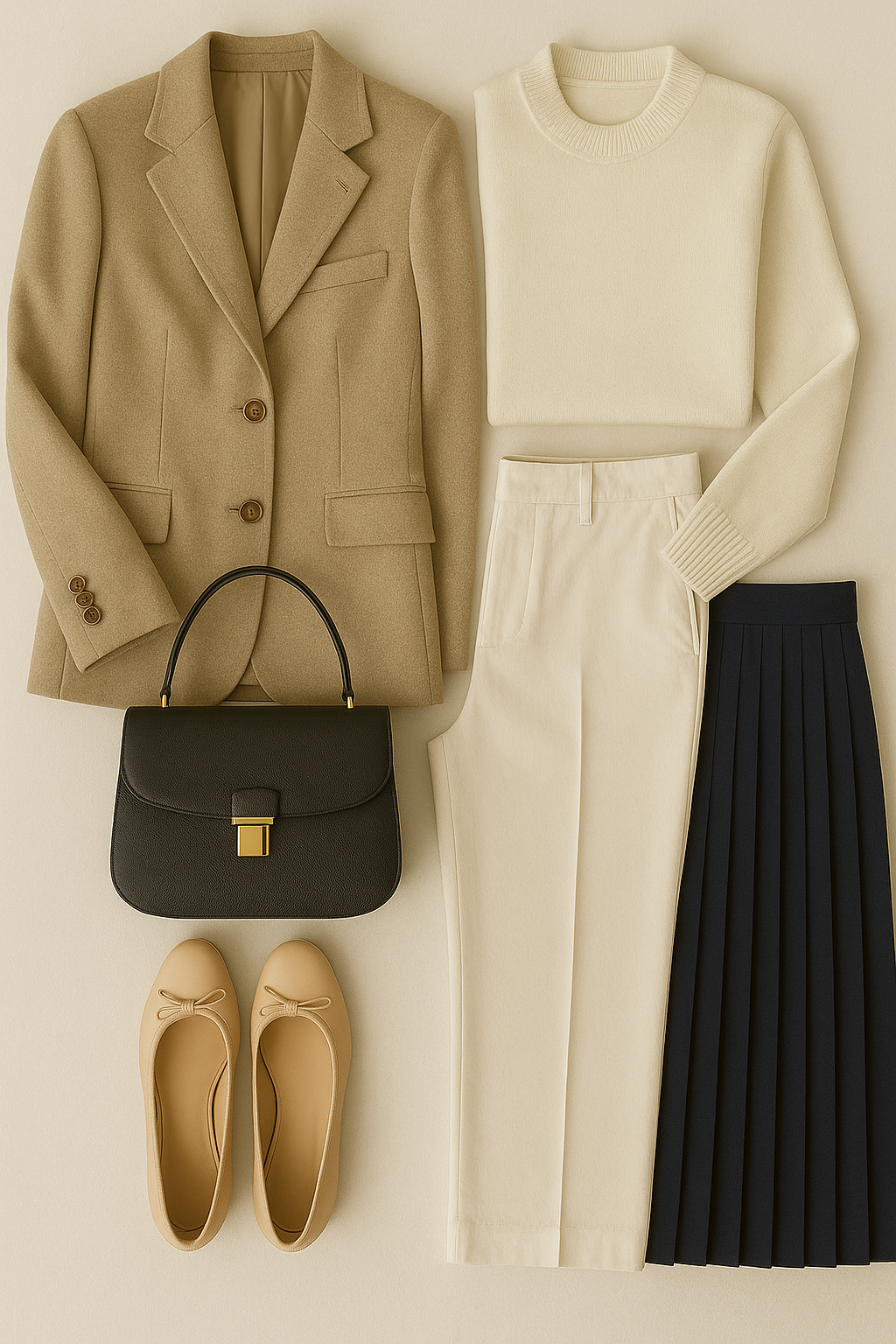 Curated collection of classic, neutral garments representing a timeless elegance capsule wardrobe.