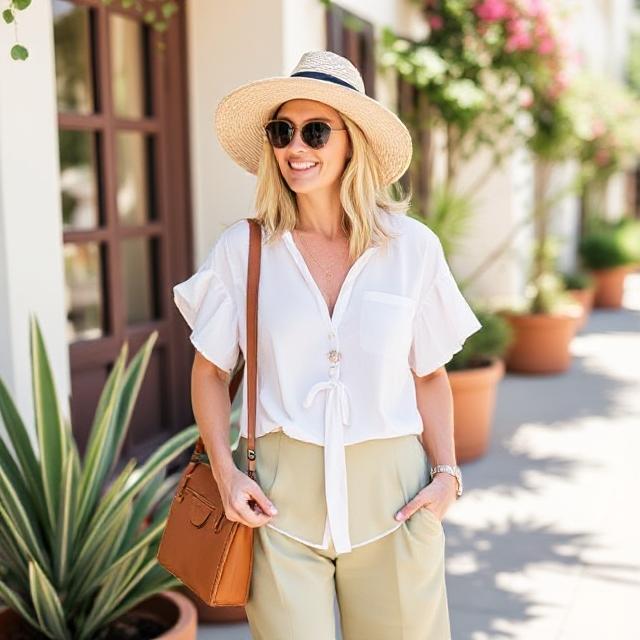 Woman in neutral summer linens and classic accessories, building capsule wardrobe for warm months.
