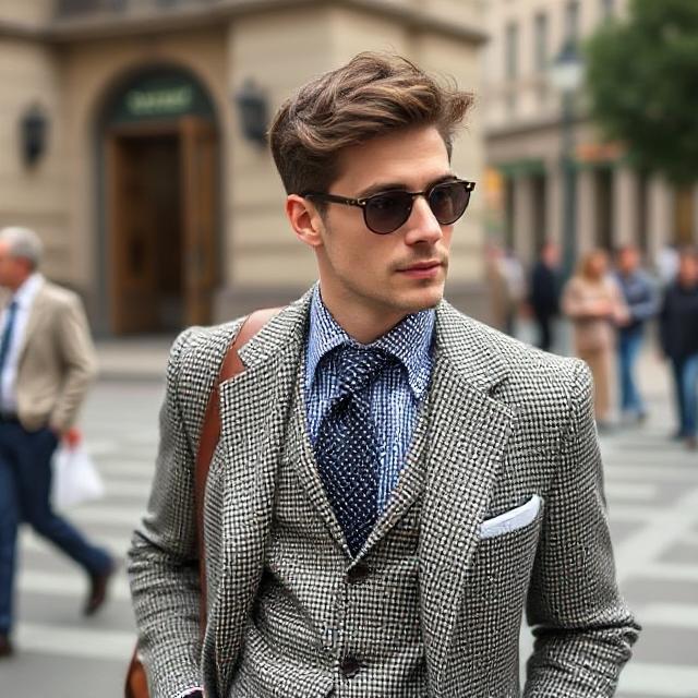 Young woman in classic blazer and tailored trousers, embodying timeless elegance and quiet luxury style.