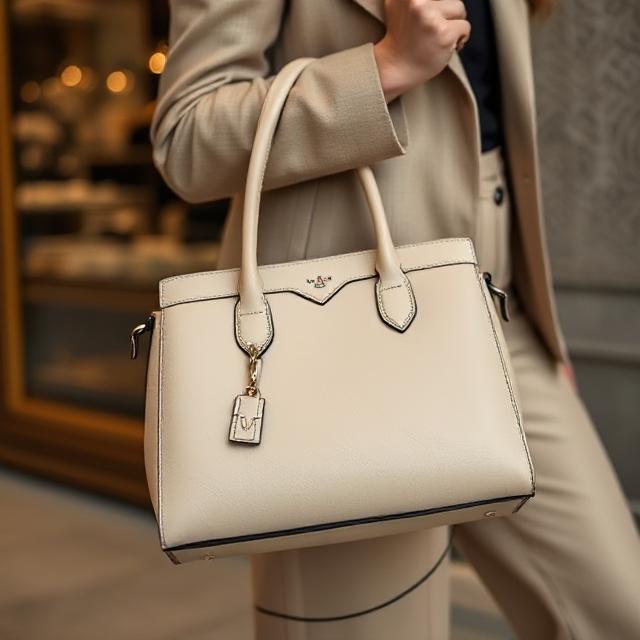 Luxury leather handbag in neutral tone, showcasing understated quiet luxury and timeless design.