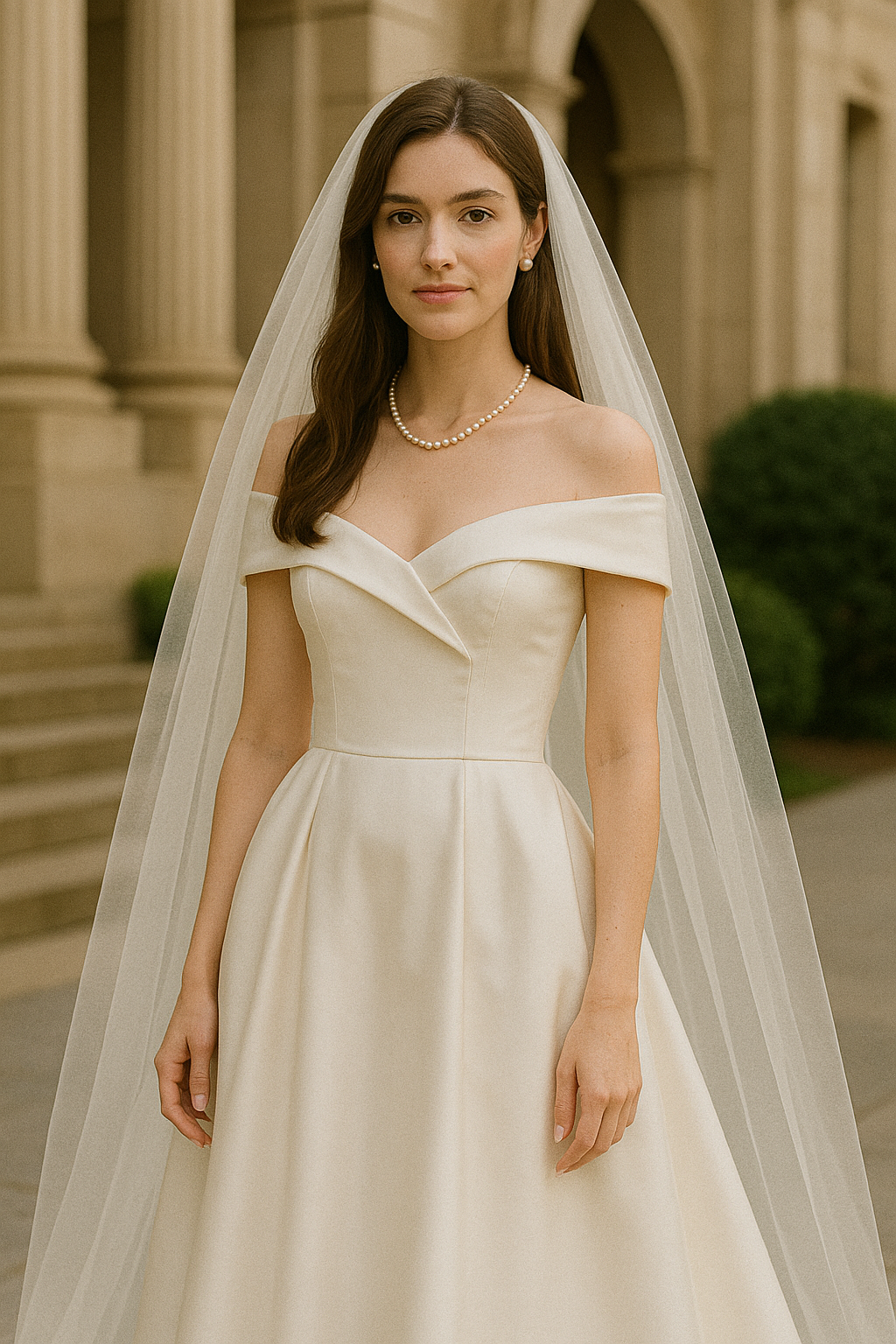 Woman in elegant, understated wedding guest attire or subtle bridal wear showing timeless elegance.