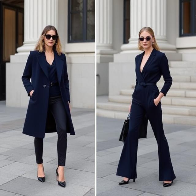Woman in navy blazer and tailored separates, showing classic style preference in old money fashion.