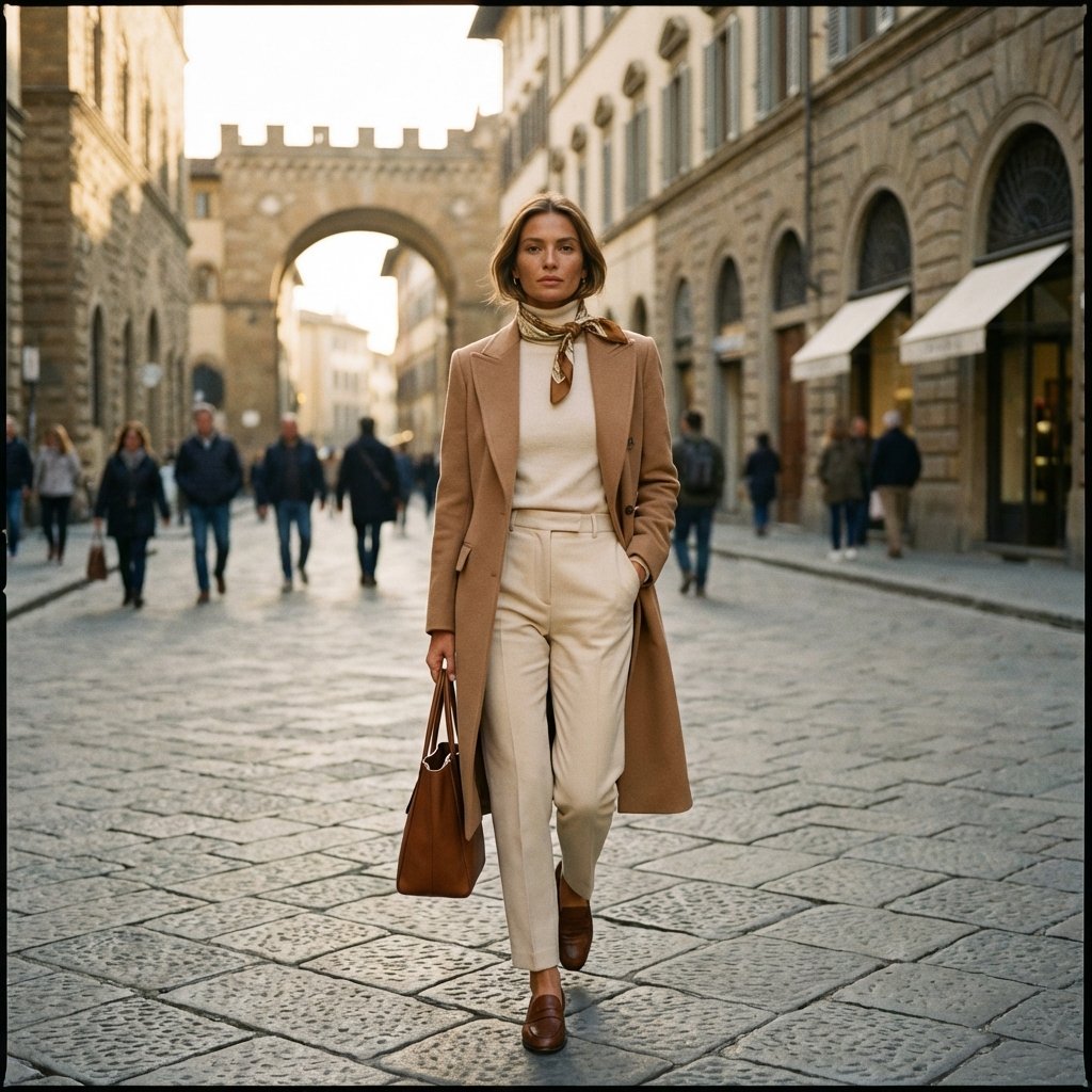 Woman and man in neutral fall layers showcasing classic style and timeless elegance against autumn backdrop