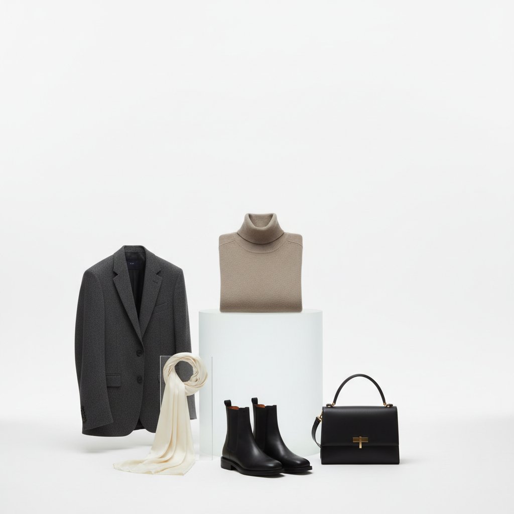 Man arranging neutral essentials—cream knit, navy blazer, quality basics.