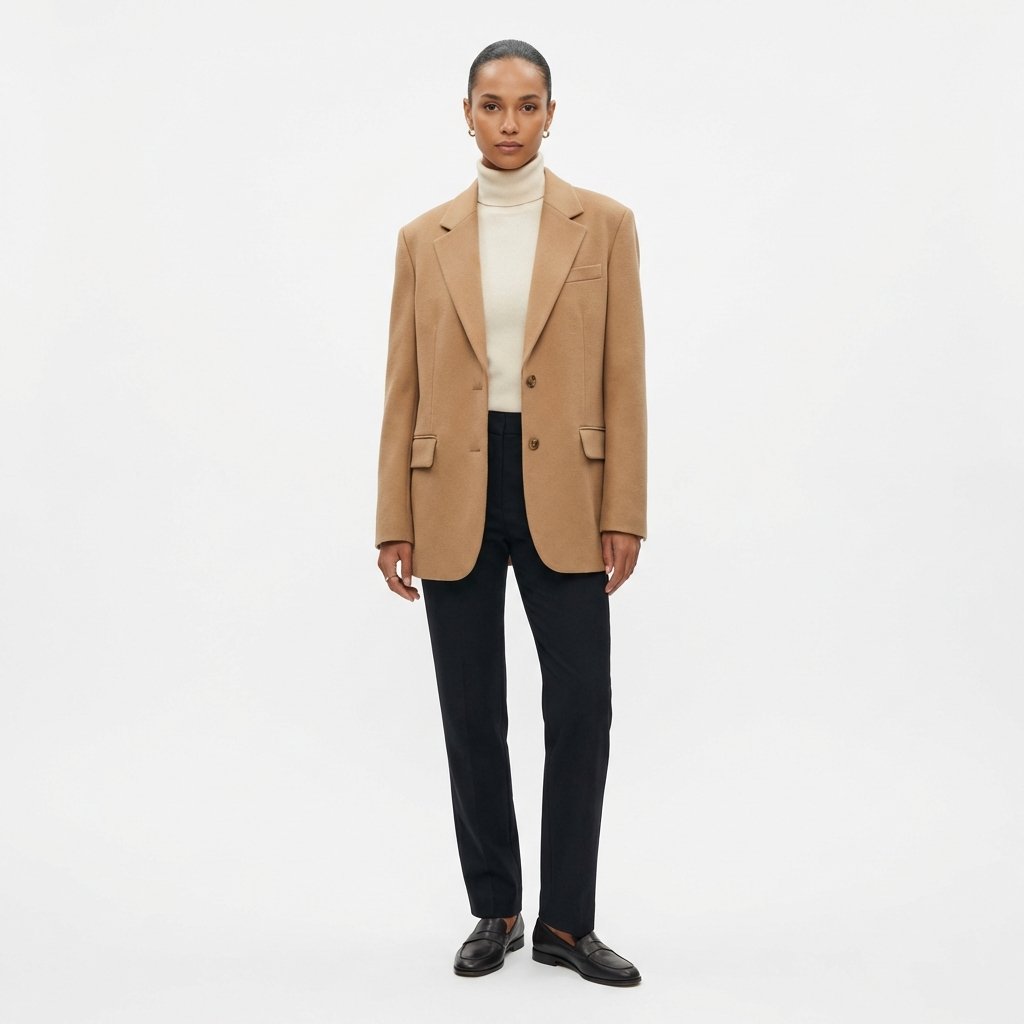 Woman in streamlined neutral outfit demonstrating timeless elegance and quiet luxury simplicity