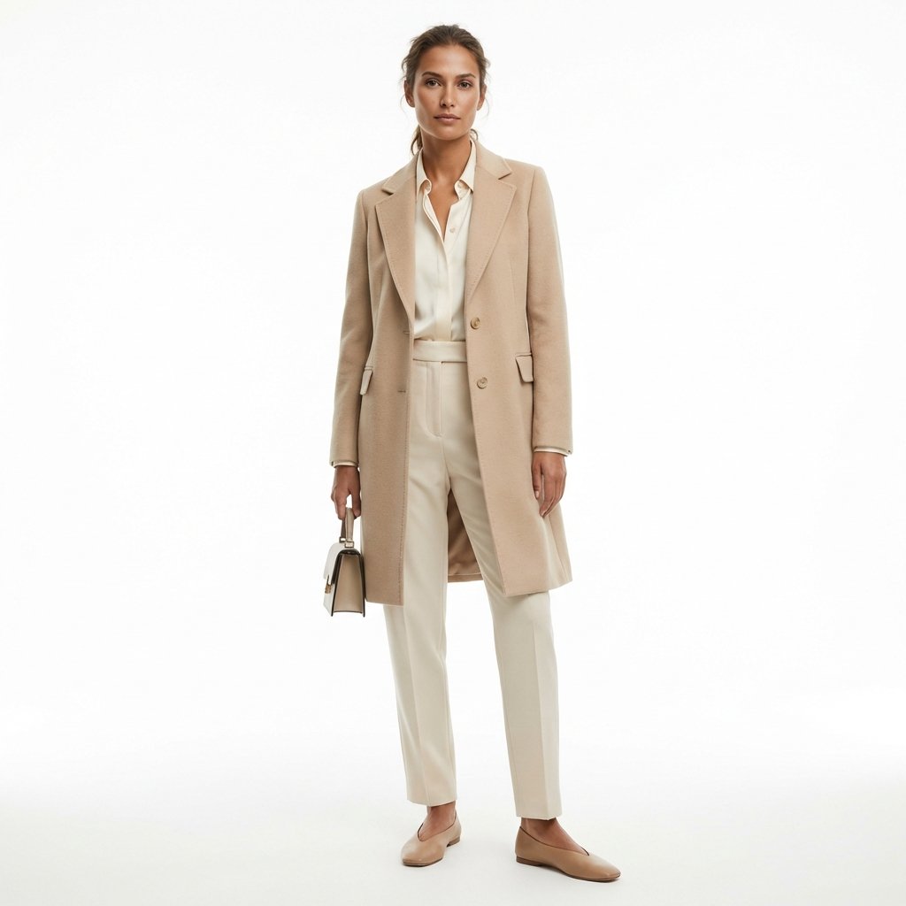 Woman displaying curated luxury essentials in neutral tones for timeless quiet luxury wardrobe