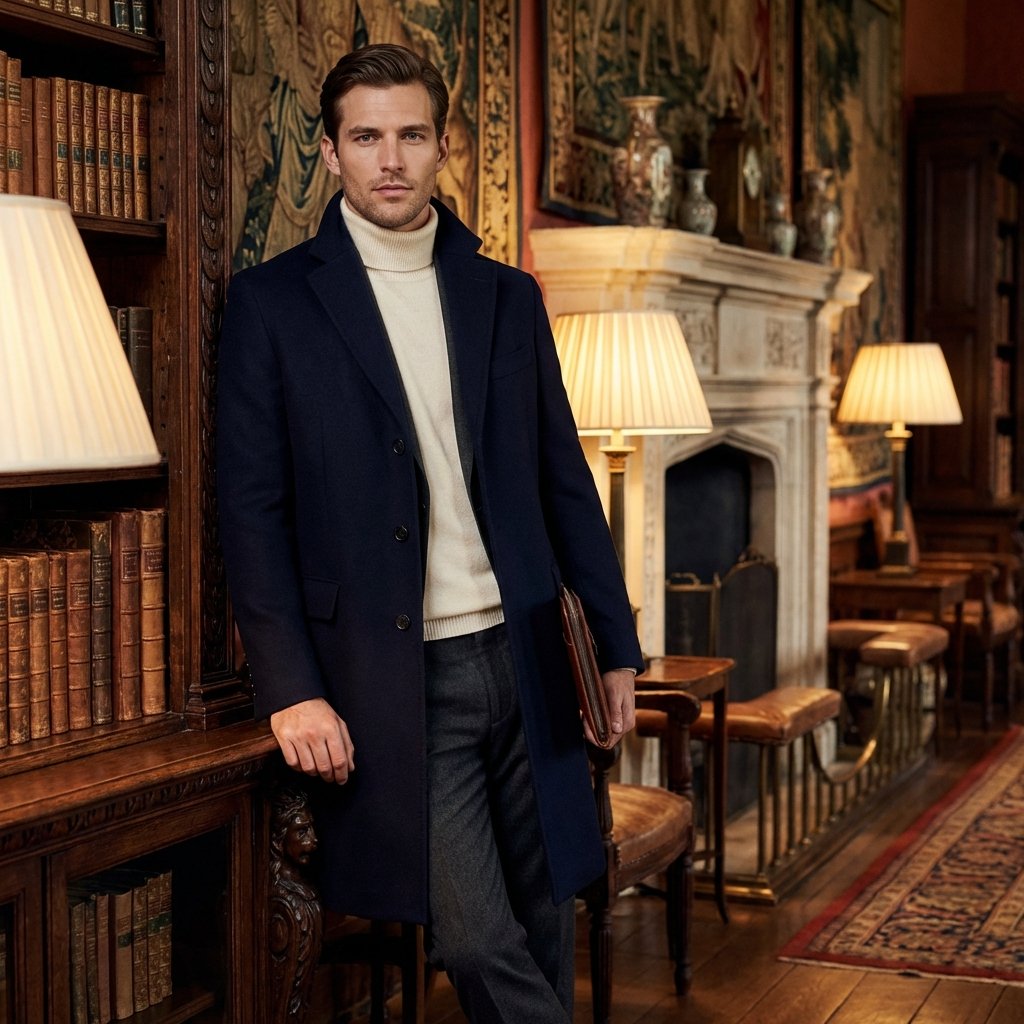 Woman wearing a structured wool coat and refined sweater, professional quiet luxury aesthetic.