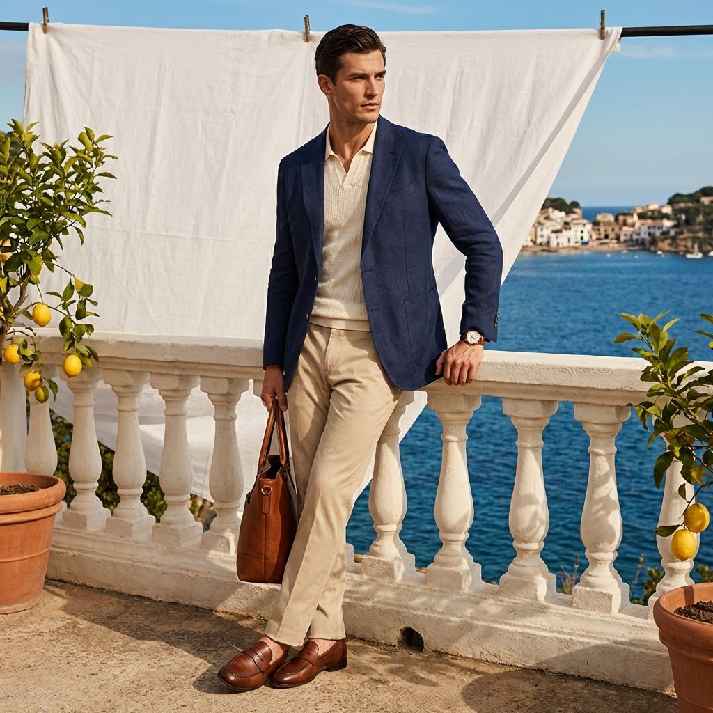 Man wearing navy blazer and crisp white shirt, exemplifying classic old money style