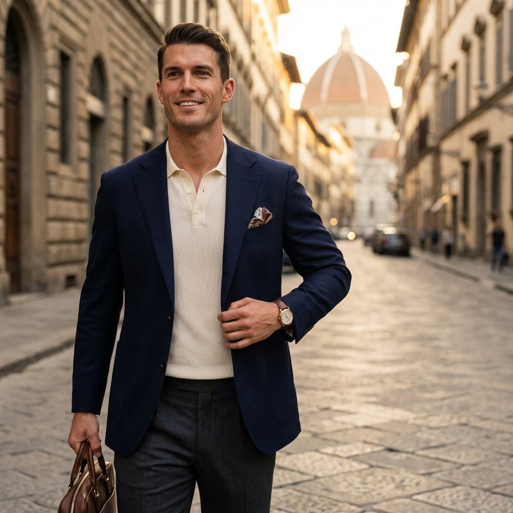 Man wearing timeless cream sweater and tailored pants displaying classic men's fashion