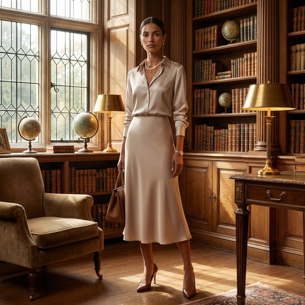 Woman wearing accessible timeless pieces that embody quiet luxury and classic style