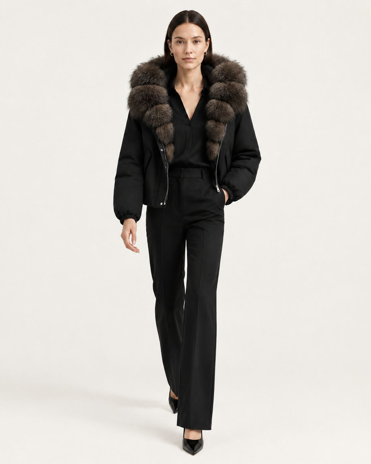 Relaxed-Fit Down Coat with Natural Fox Fur Collar
