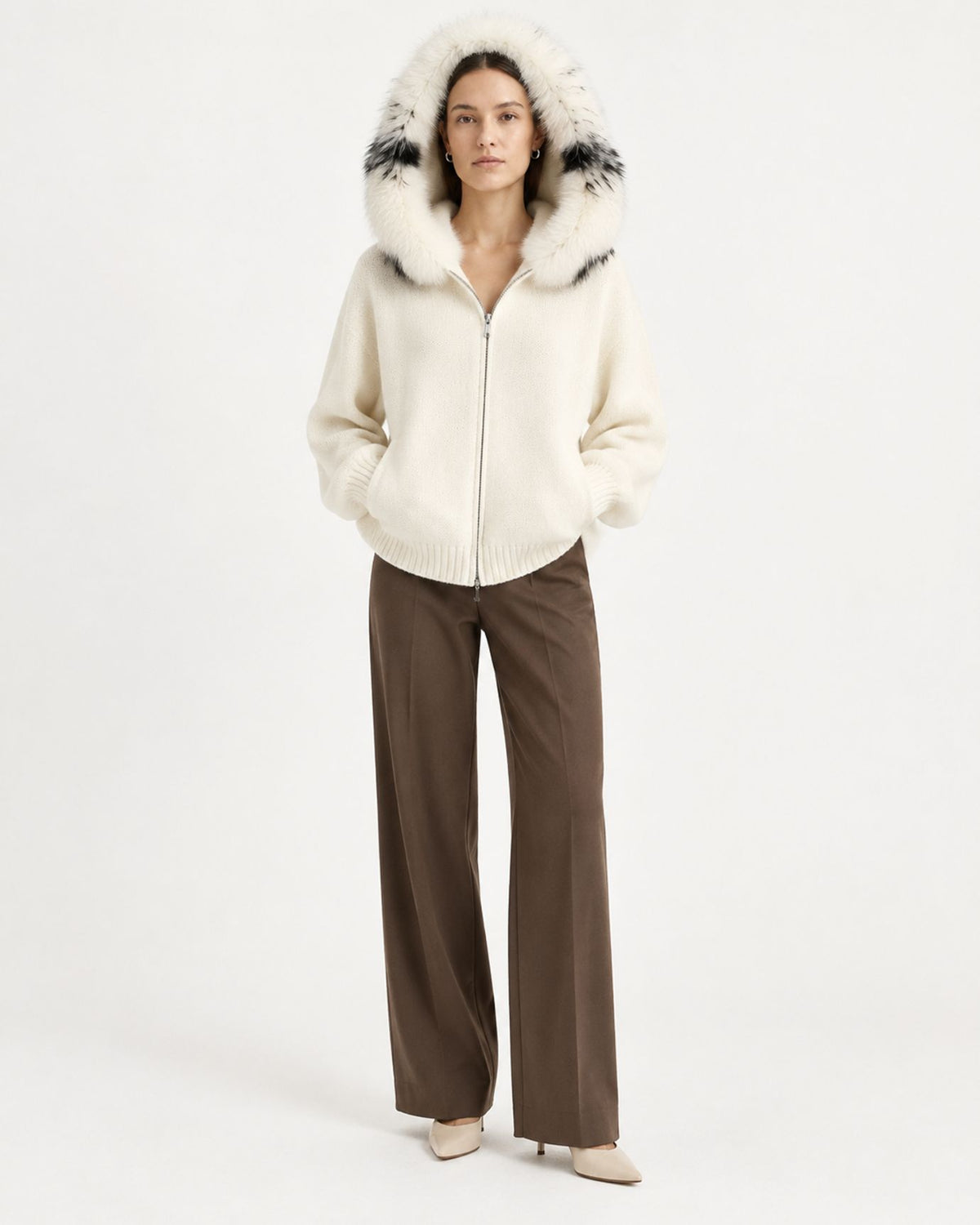 Hooded Knit Cardigan with Removable Fox Fur Trim