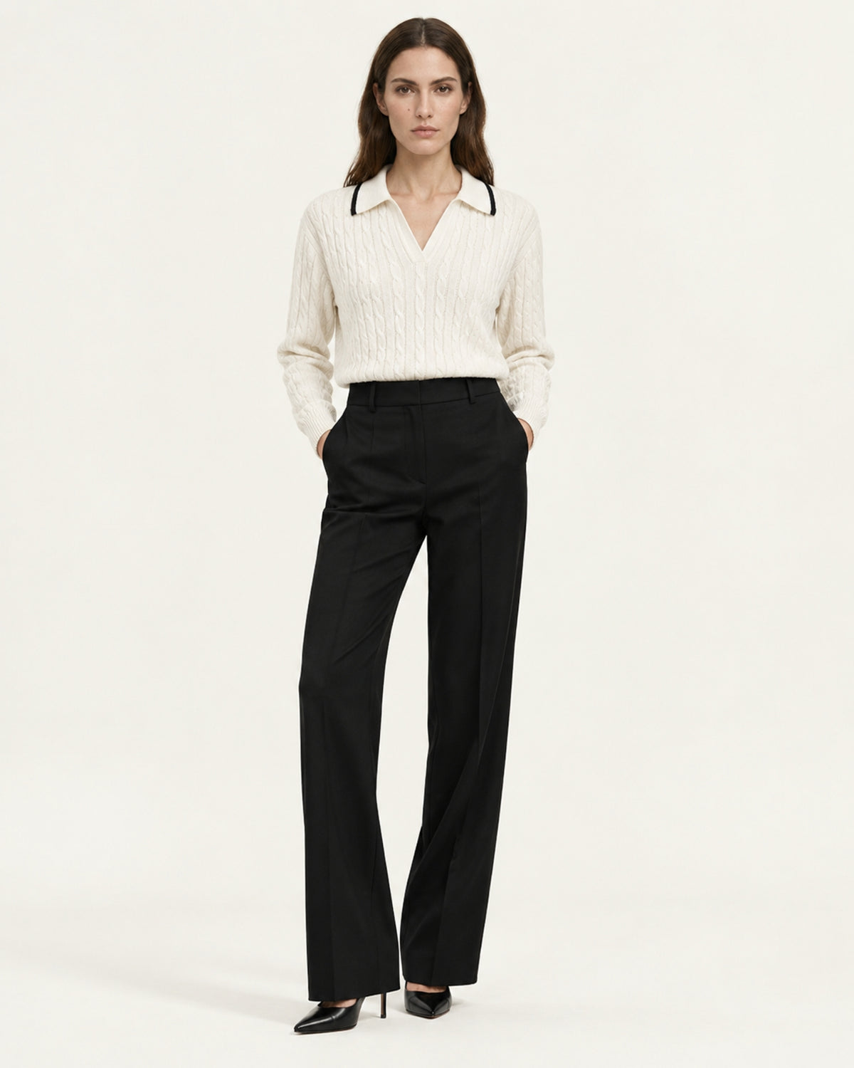 Collared Cable Knit Cashmere Sweater Polo