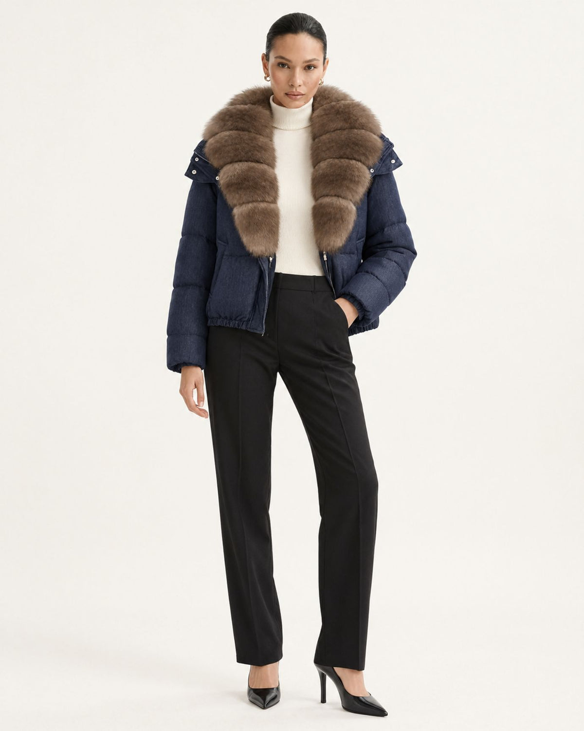 Navy Blue Duck Down Puffer with Detachable Fox Fur Collar