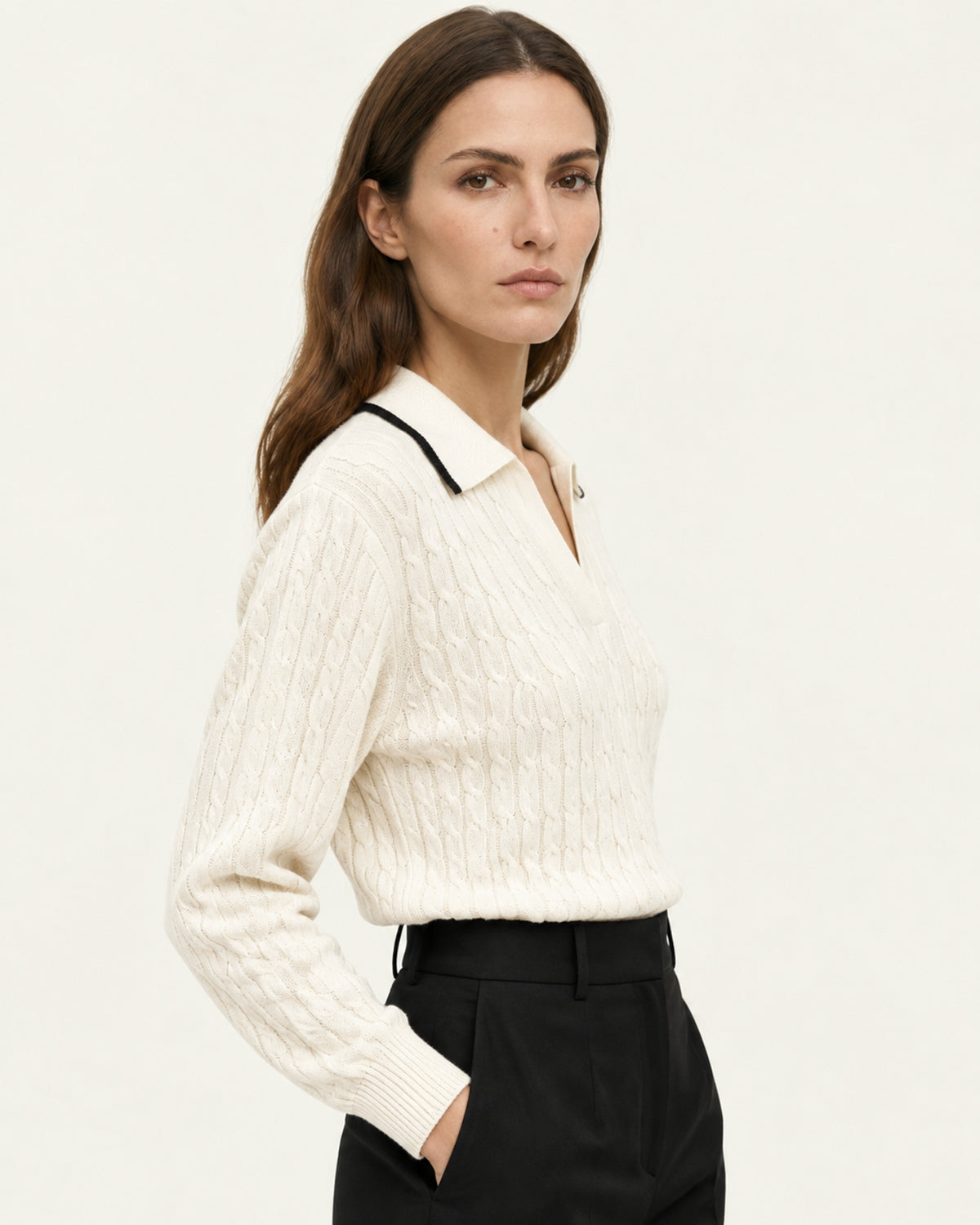 Collared Cable Knit Cashmere Sweater Polo