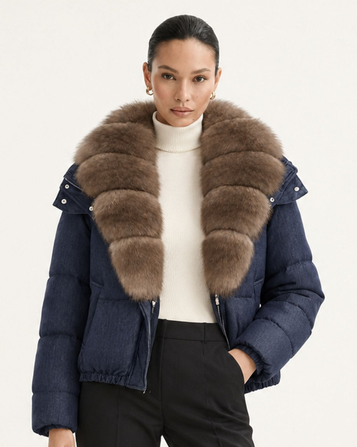 Navy Blue Duck Down Puffer with Detachable Fox Fur Collar