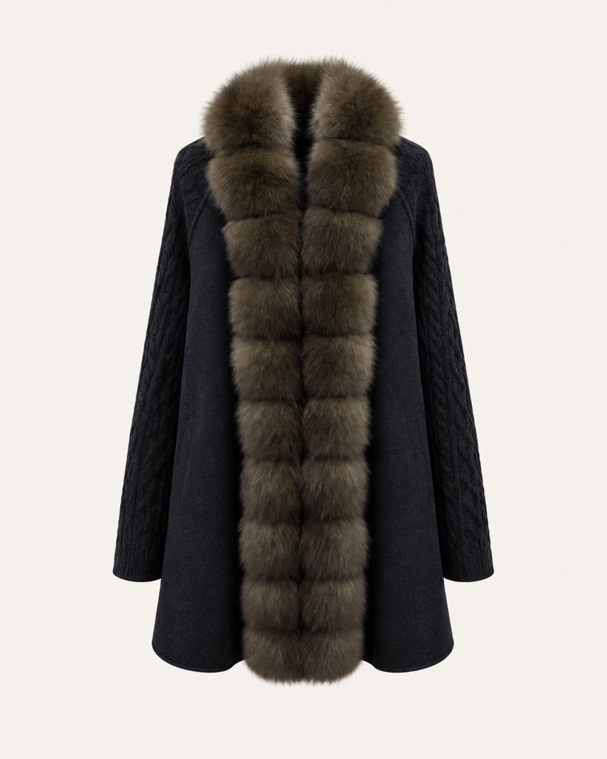 Zira Belted Long Wool Coat with Fox Fur Placket