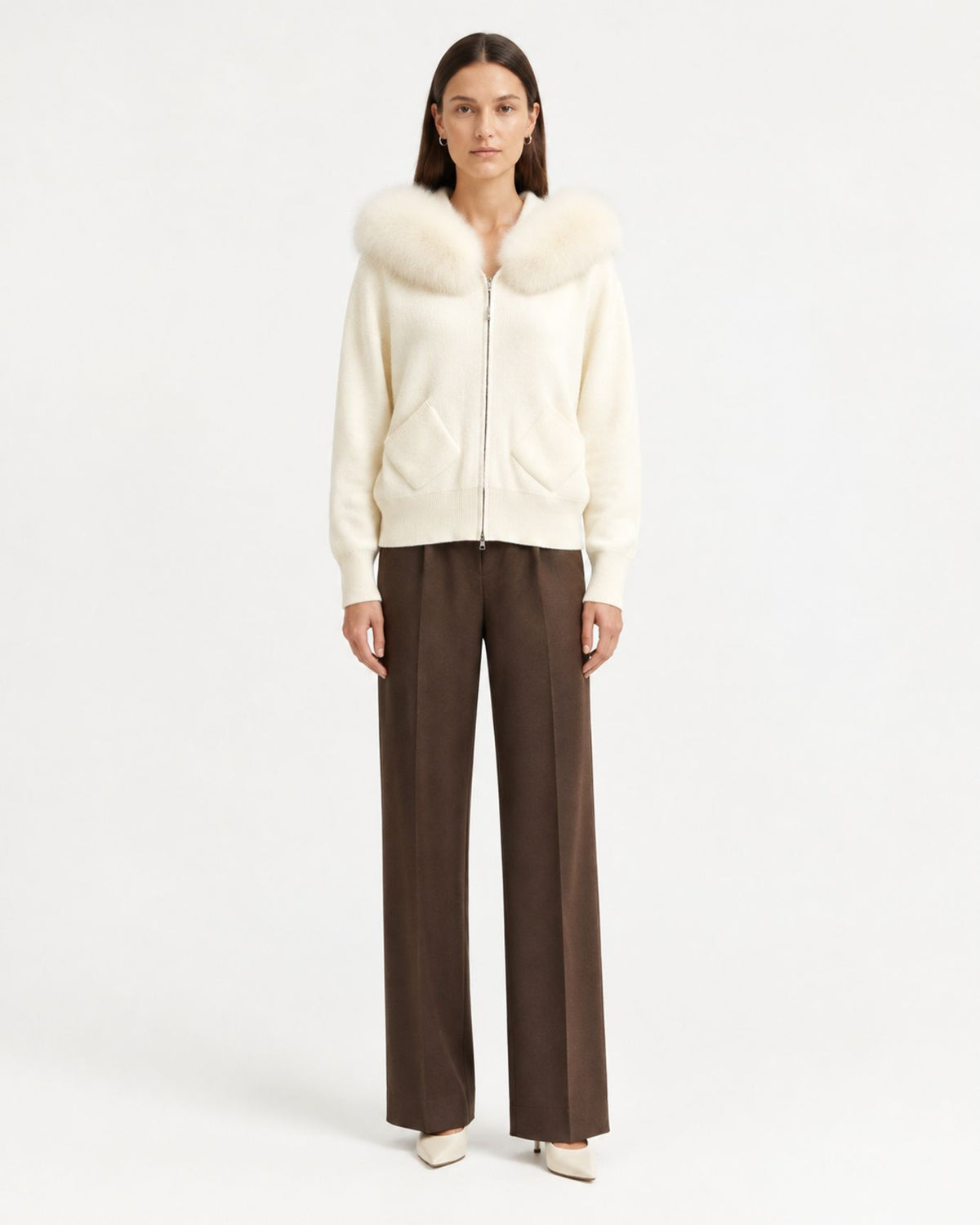 Hooded Knit Cardigan with Removable Fox Fur Trim