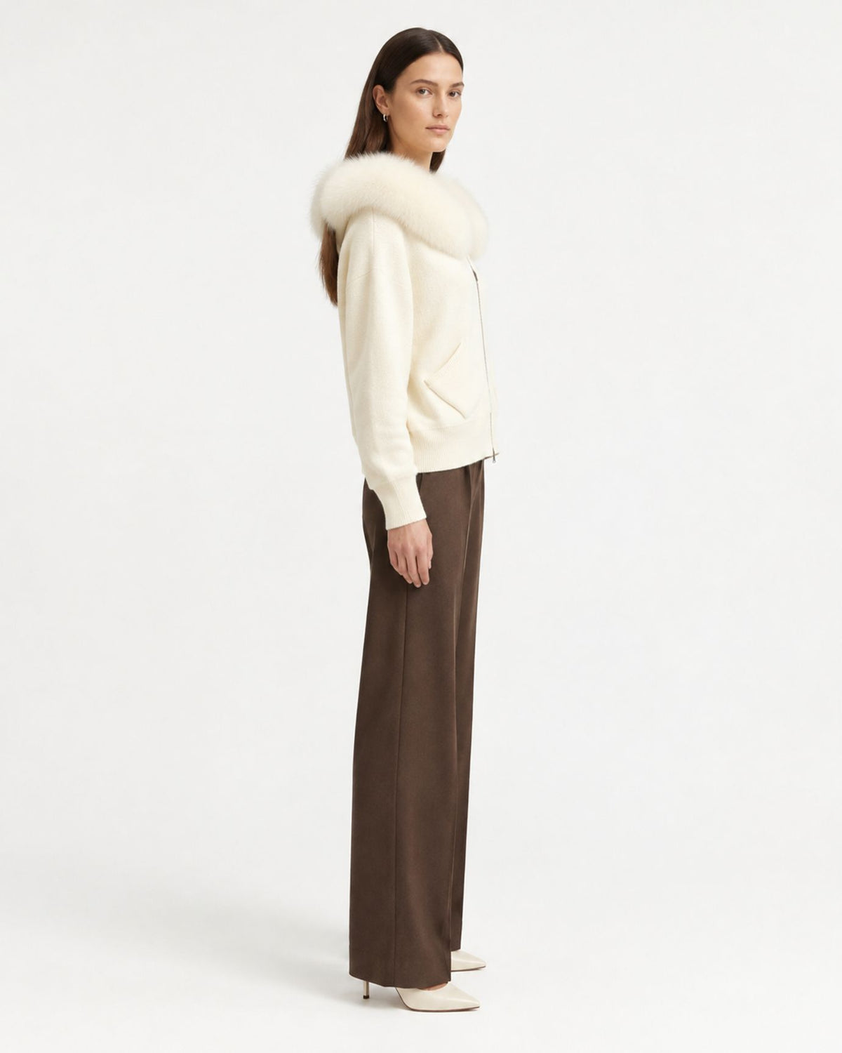Hooded Knit Cardigan with Removable Fox Fur Trim
