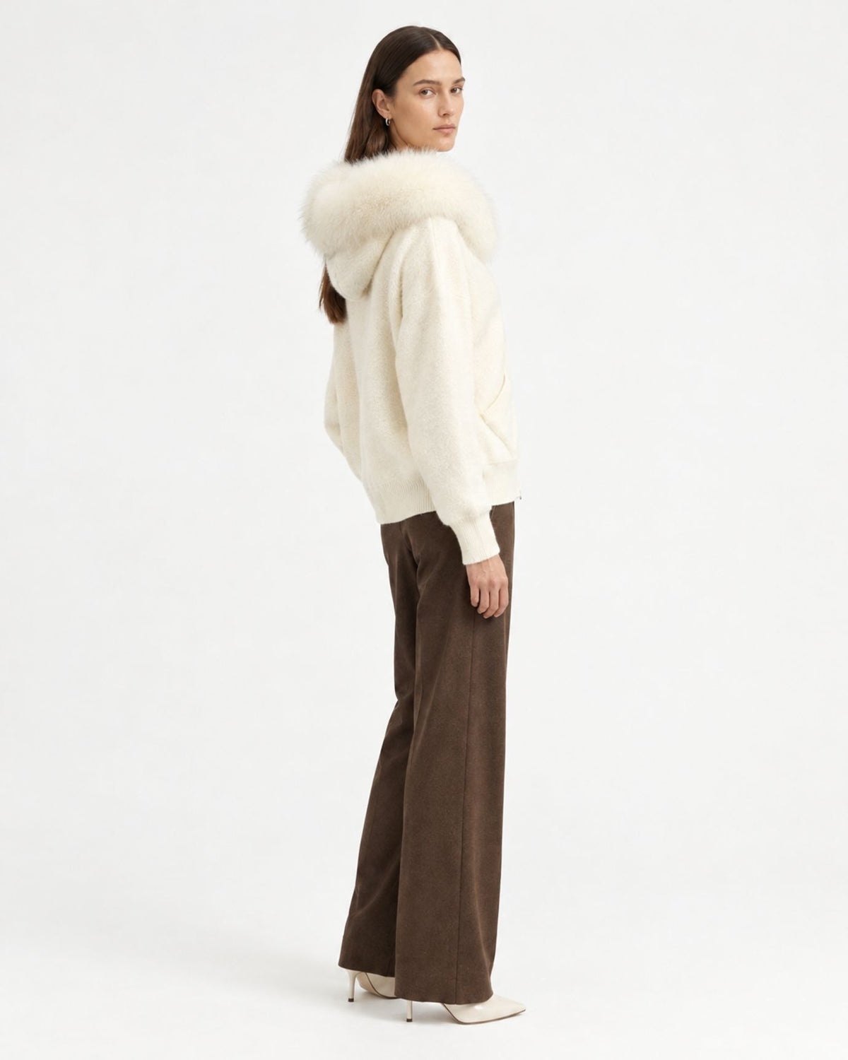 Hooded Knit Cardigan with Removable Fox Fur Trim